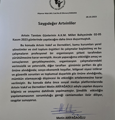 Artvin Tanıtım Günlerinin İPTALİ hakkında